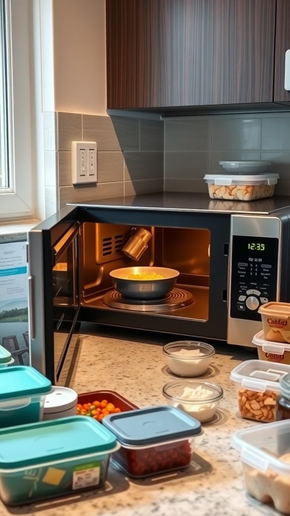 A kitchen scene featuring a microwave with food inside, ready for cooking.